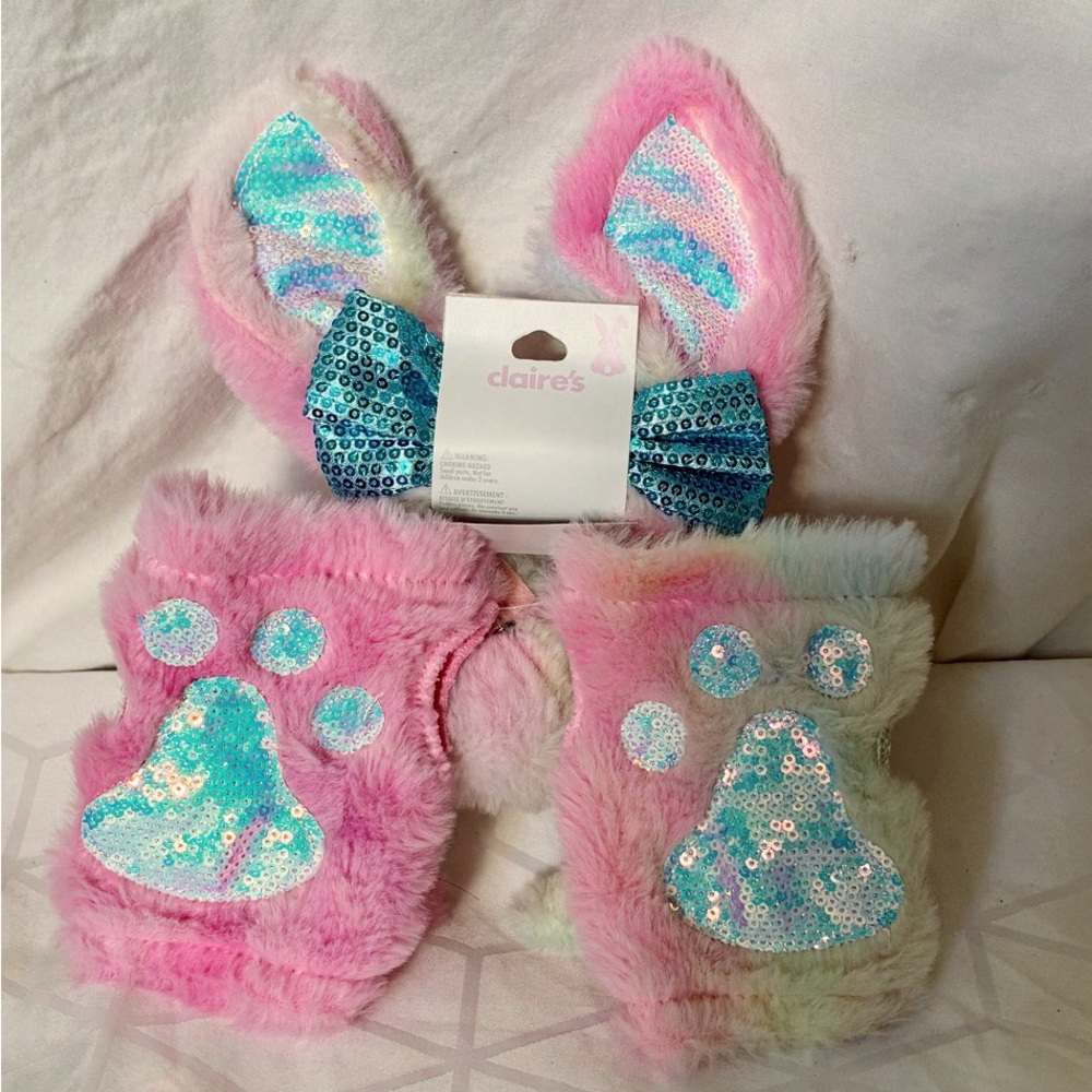 Claire's Pastel Bunny Ears and Paw Gloves Set NWT